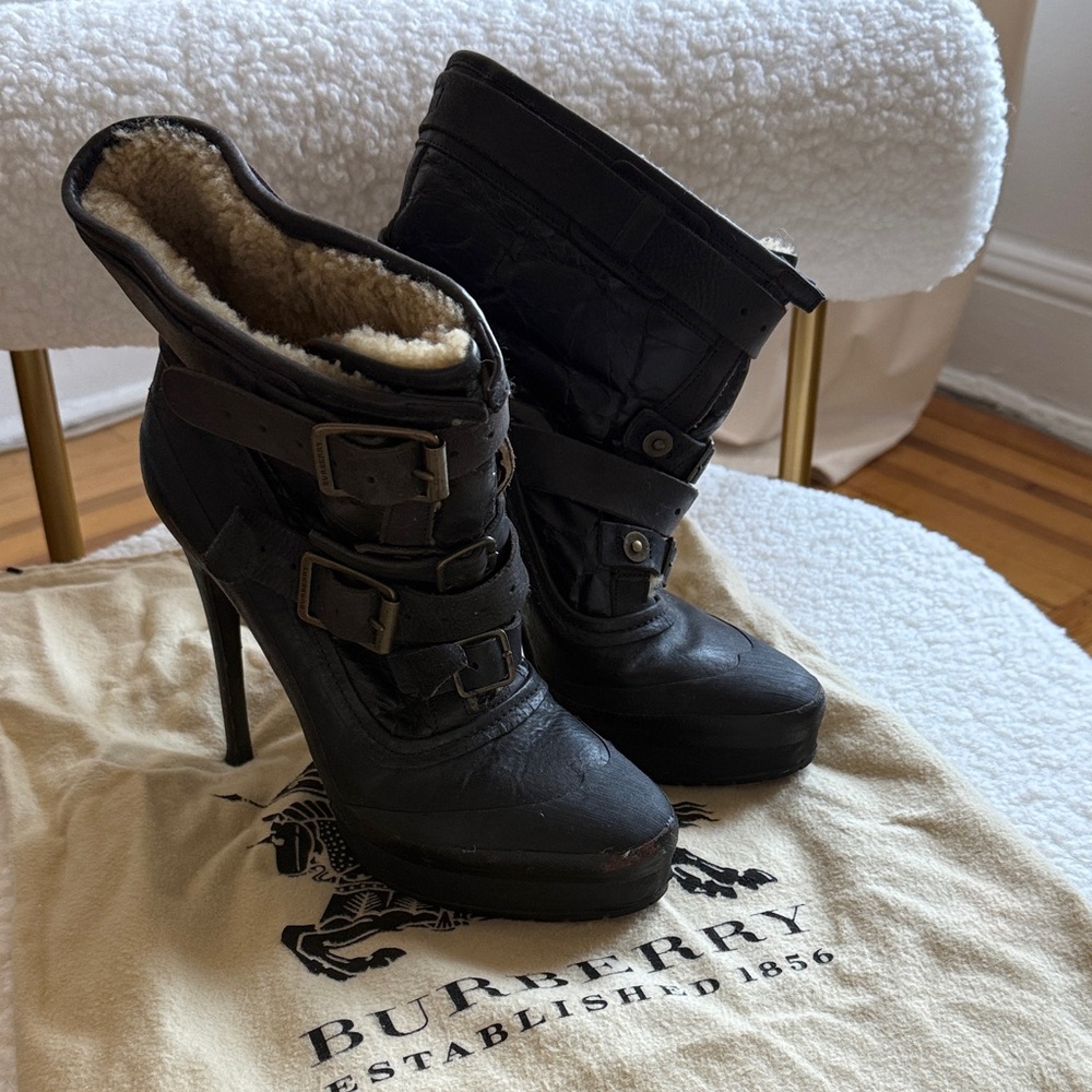 Burberry Prorsum Black Heeled Boots with Buckle Detail